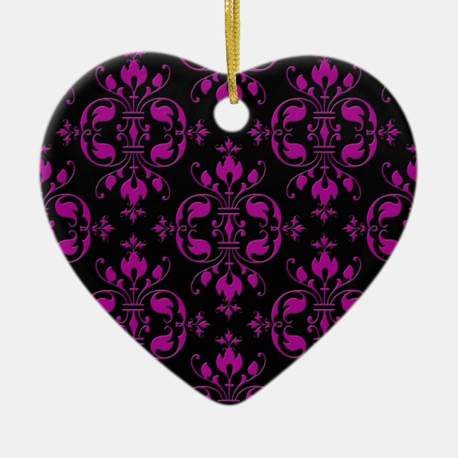 Cute Hot Pink over Black Damask Ceramic Tree Decoration (Front)