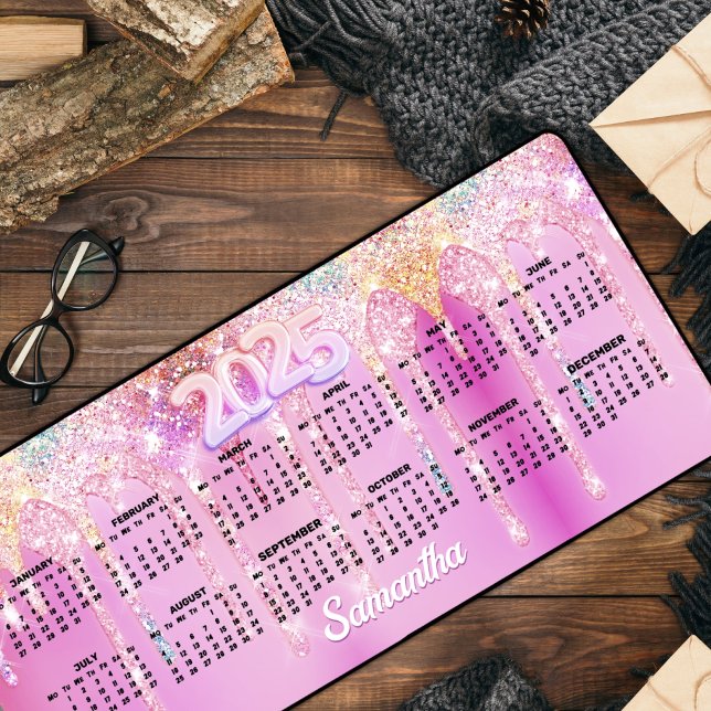 Cute hot Pink Rainbow Glitter Drips monogram  Desk Mat (Creator Uploaded)