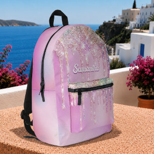 Cute hot Pink Rainbow Glitter Drips monogram Printed Backpack