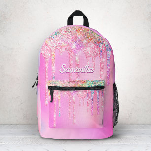 Cute hot Pink Rainbow Glitter Drips monogram Printed Backpack