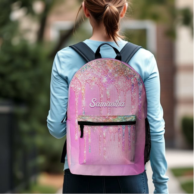 Cute hot Pink Rainbow Glitter Drips monogram  Printed Backpack (Creator Uploaded)