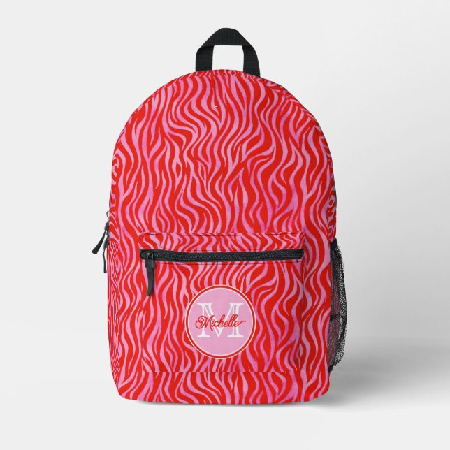 Cute Hot Pink & Red Zebra Print | Monogrammed Printed Backpack (Front)