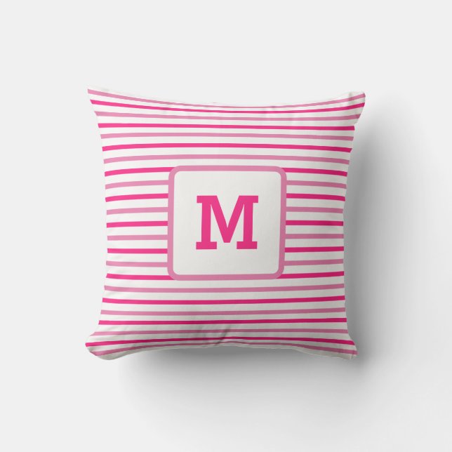 Cute Hot Pink Stripes Custom Single Initial White Cushion (Front)