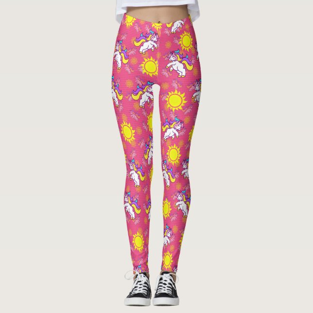 Cute Hot Pink Sunny Unicorn Pattern Design Leggings (Front)