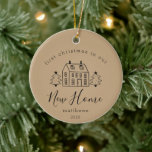 Cute House and Christmas Trees New Home Name Sand  Ceramic Ornament<br><div class="desc">"First Christmas in Our New Home" Personalised Ornament This heartwarming ornament captures the essence of your very first Christmas in your new home. The design features an enchanting saltbox house, with a festive Christmas tree flanking each side, bringing a cosy, cheerful charm to your tree. The sweet message "First Christmas...</div>