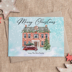 Cute House and Snow Christmas Flat Holiday Card