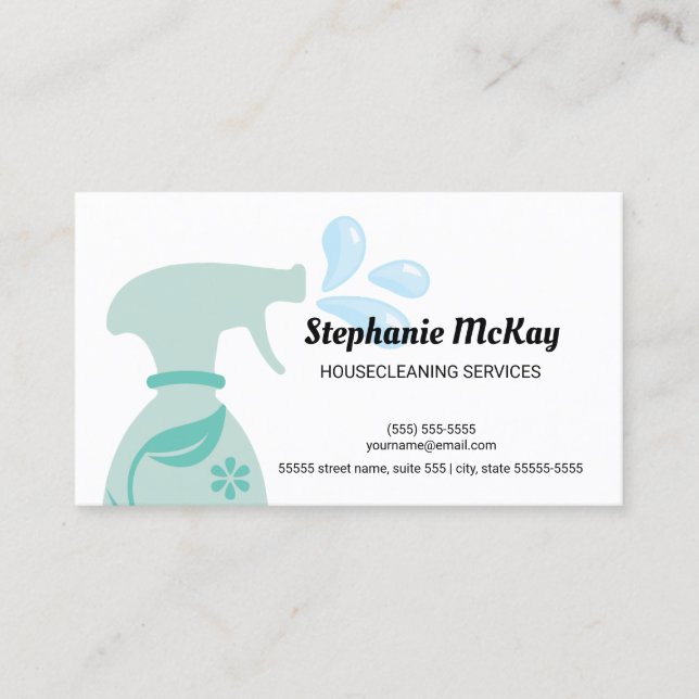 Cute House Cleaning Green Leaf Spray Bottle Business Card (Front)