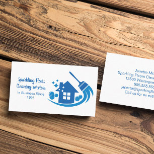 Cute House Cleaning Maid Services Blue Broom Business Card