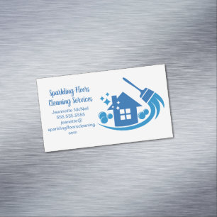 Cute House Cleaning Maid Services Blue Broom Magnetic Business Card