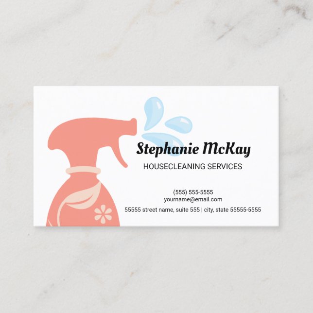 Cute House Cleaning Peach Floral Spray Bottle Business Card (Front)