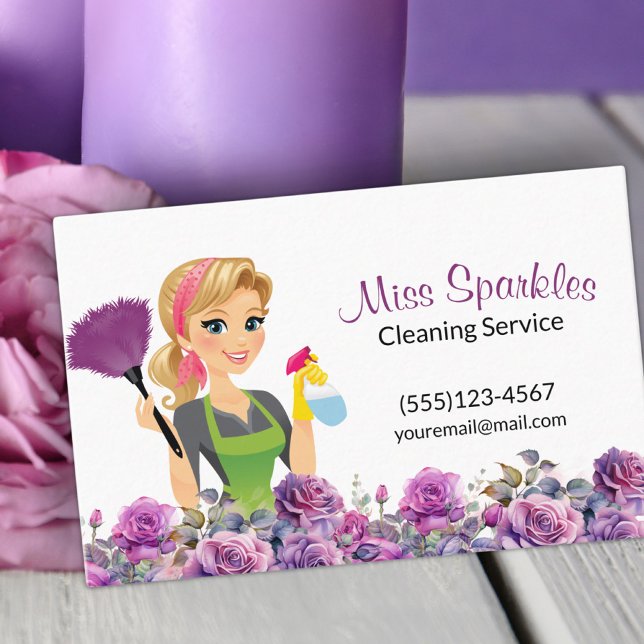 Cute House Cleaning Purple Floral Maid Service Business Card (Creator Uploaded)