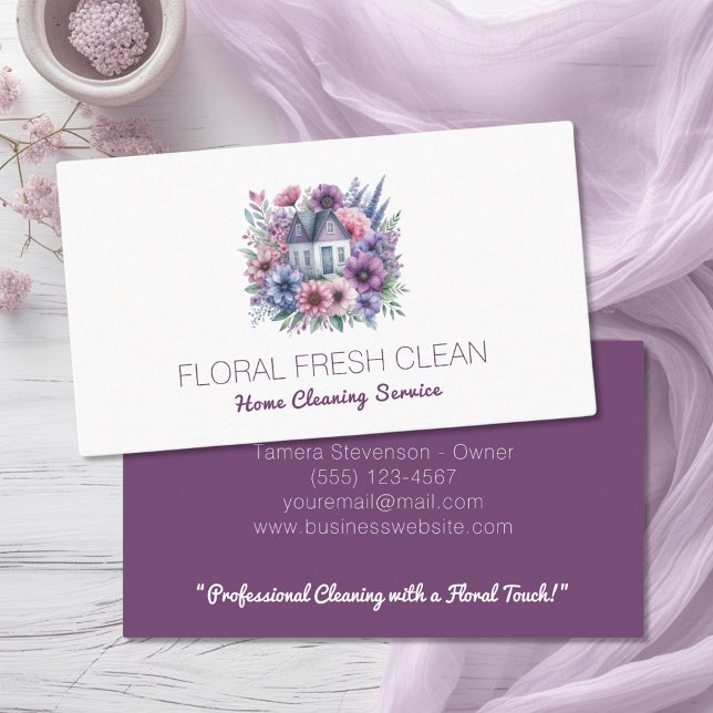 Cute House Cleaning Service Floral Business Card (Creator Uploaded)