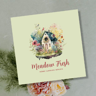 Cute House Cleaning Service Floral Square Business Card