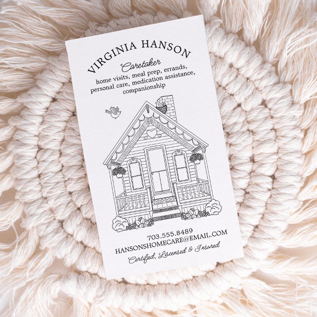 Cute House One Sided Caregiver Business Card (Cute black and white caregiver illustrated business card.)