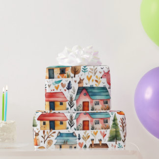 Cute houses flowers animals Wrapping Paper