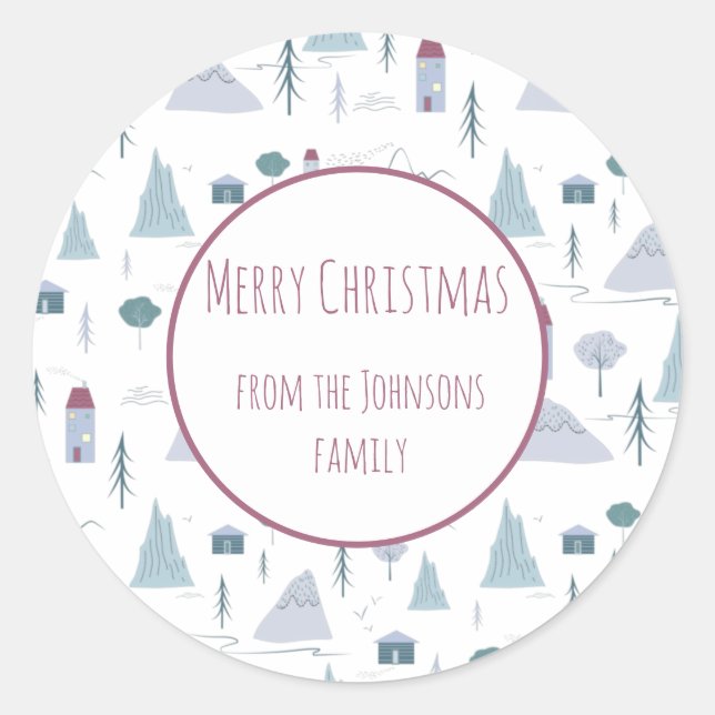 Cute Houses Pastel Colours Winter Pattern Classic Round Sticker (Front)