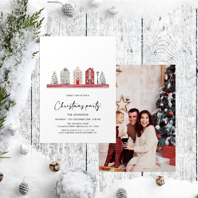 Cute Houses Photo Christmas Party Invitation (Creator Uploaded)