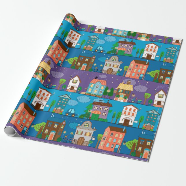 Cute Houses Wrapping Paper (Unrolled)