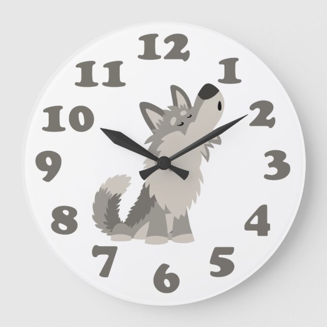 Cute Howling Cartoon Wolf and Numbers Wall Clock (Front)
