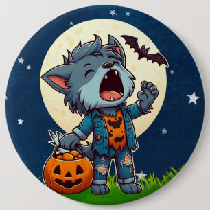 Cute howling werewolf monster with pumpkin 6 cm round badge