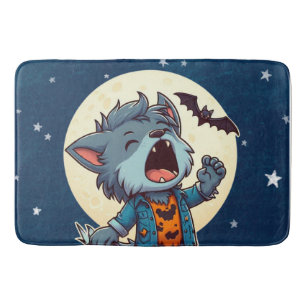 Cute howling werewolf monster with pumpkin bath mat