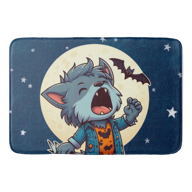Cute howling werewolf monster with pumpkin bath mat (Front)