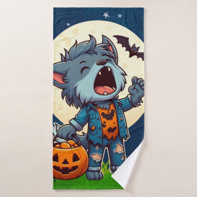 Cute howling werewolf monster with pumpkin bath towel (Bath Towel)