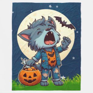 Cute howling werewolf monster with pumpkin fleece blanket