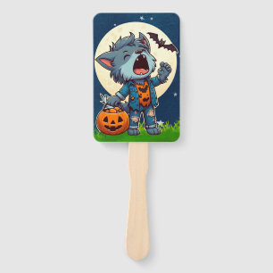 Cute howling werewolf monster with pumpkin hand fan
