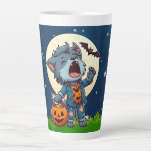 Cute howling werewolf monster with pumpkin latte mug