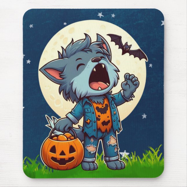 Cute howling werewolf monster with pumpkin mouse pad (Front)