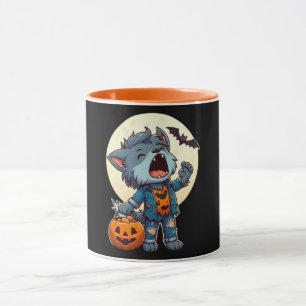 Cute howling werewolf monster with pumpkin mug
