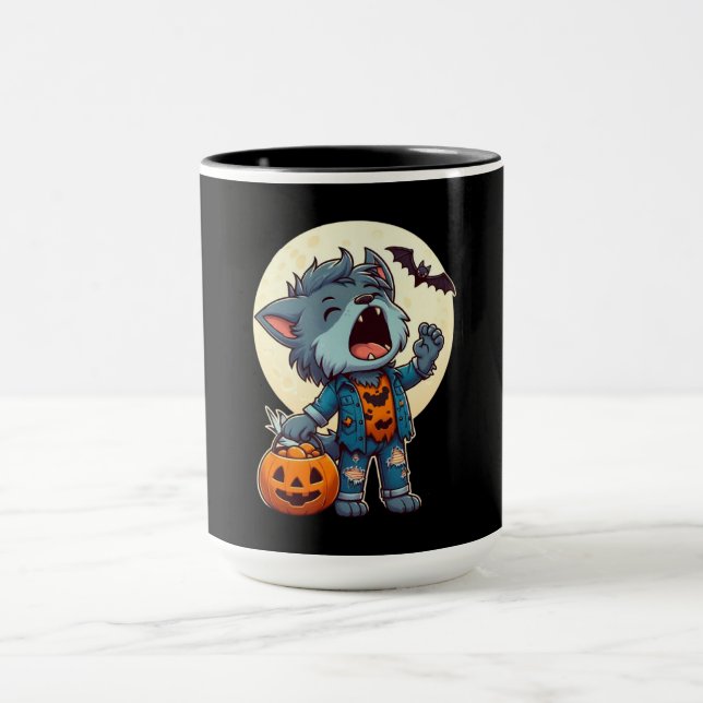 Cute howling werewolf monster with pumpkin mug (Center)