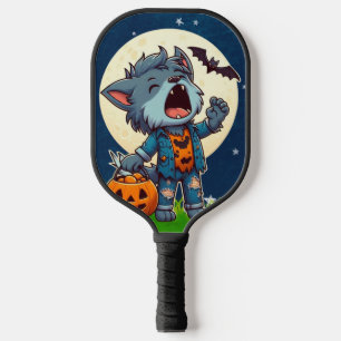 Cute howling werewolf monster with pumpkin pickleball paddle