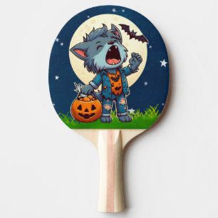 Cute howling werewolf monster with pumpkin ping pong paddle