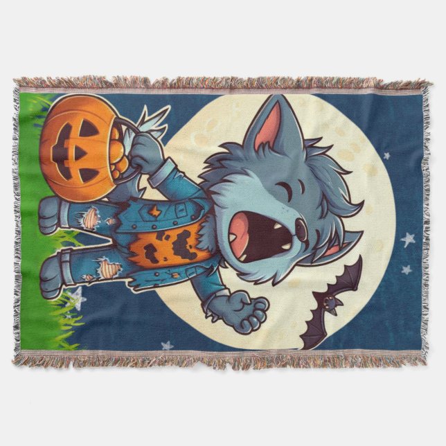Cute howling werewolf monster with pumpkin throw blanket (Front)