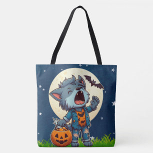 Cute howling werewolf monster with pumpkin tote bag