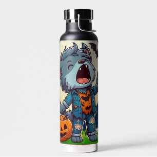 Cute howling werewolf monster with pumpkin water bottle