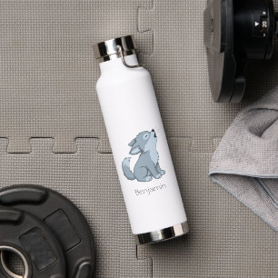 Cute Howling Wolf Pup Custom Name Water Bottle