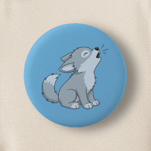 Cute Howling Wolf Pup on Blue 6 Cm Round Badge