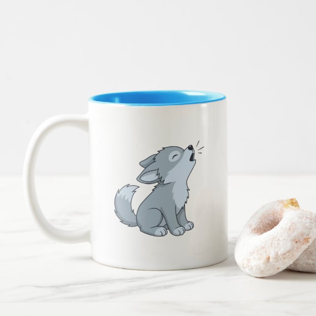 Cute Howling Wolf Pup Two-Tone Coffee Mug (With Donut)