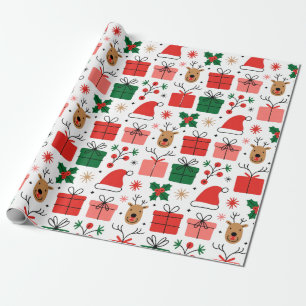Cute hristmas Pattern with Gifts, Reindeer Wrapping Paper