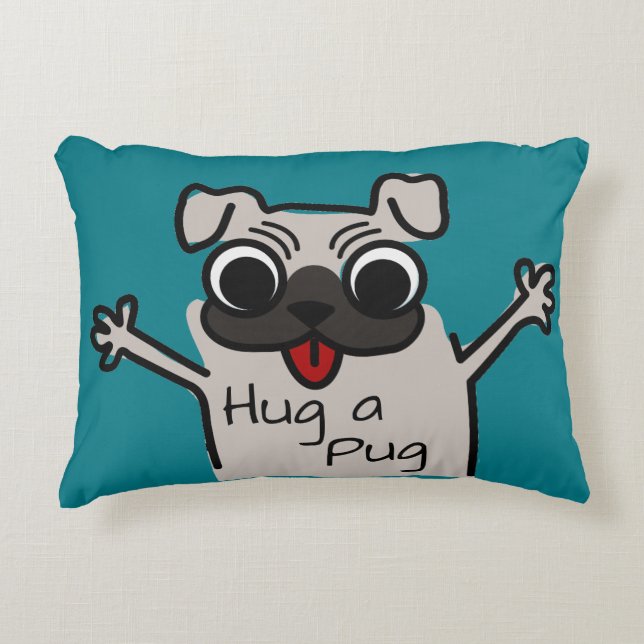 Cute Hug a Pug Teal Decorative Cushion (Front)