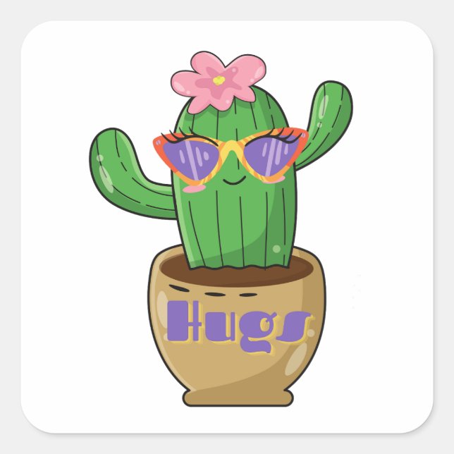 Cute Hugging Cactus Funny Square Sticker (Front)