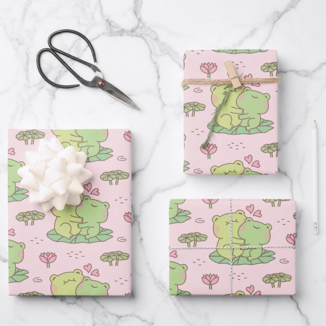 Cute Hugging Frogs In Love Pattern Pink Wrapping Paper Sheet (Front)