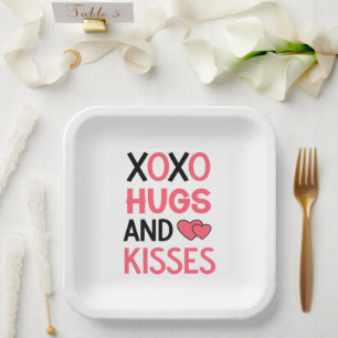 Cute Hugs Kisses XOXO LOVE Pink Black Wedding   Paper Plate