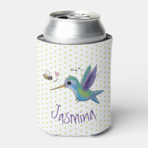 Cute hummingbird and bee cartoon illustration can cooler