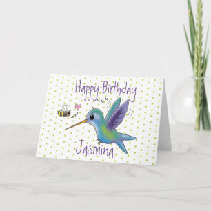 Cute hummingbird and bee cartoon illustration card