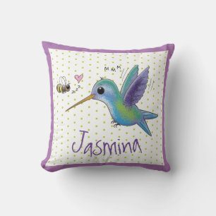 Cute hummingbird and bee cartoon illustration cushion