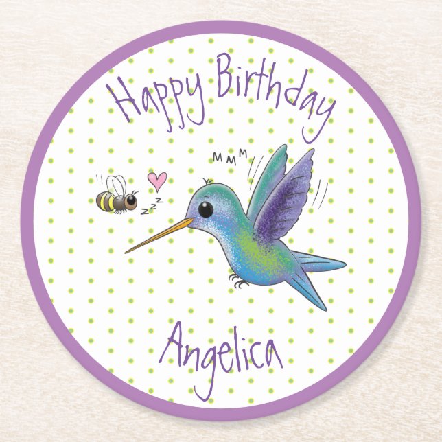 Cute hummingbird and bee cartoon illustration round paper coaster (Front)